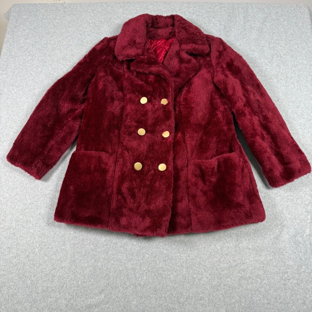 Vintage 60s Sears Fashions Burgundy Faux Fur Pea Coat Sz 16 Retro Mod Winter